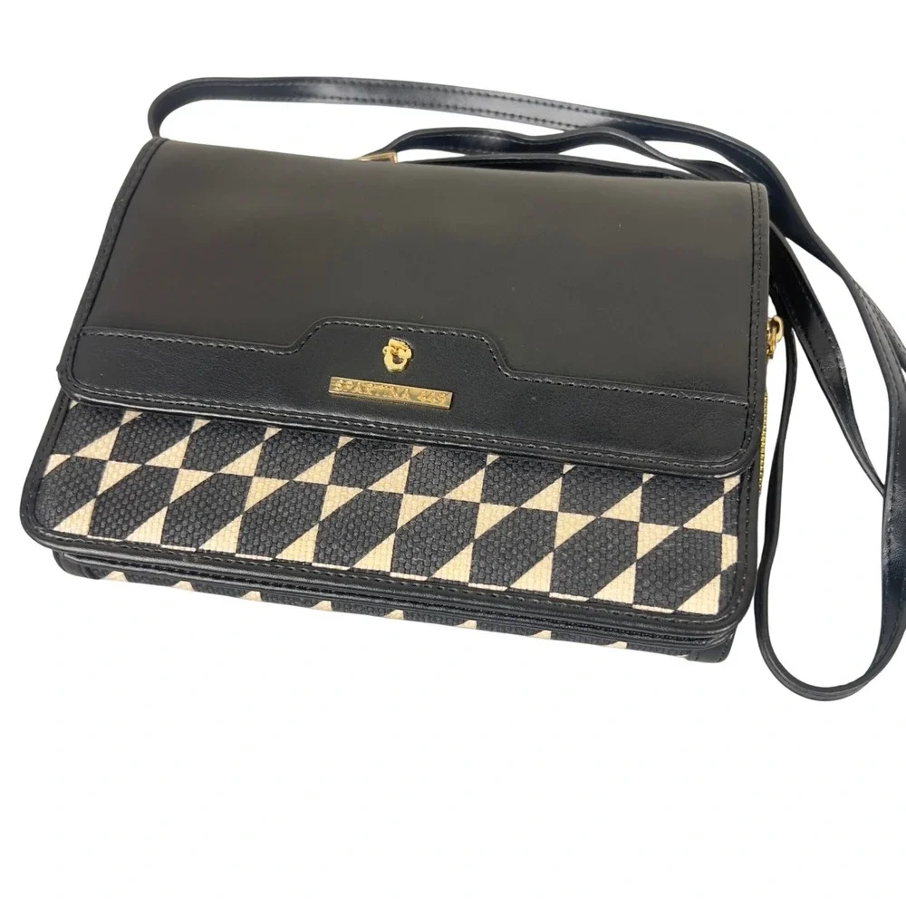 Spartina 449 Crossbody Bag Womens Small Geometric Linen Leather Black Cream Chic